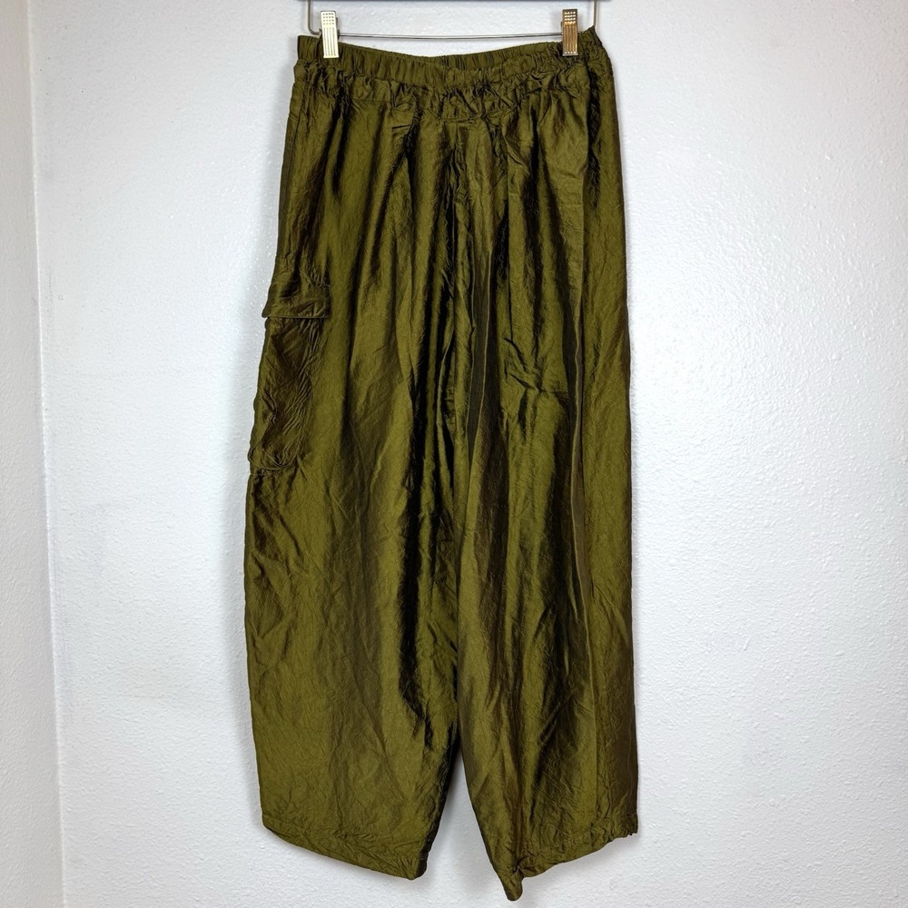 Gerties Silk Green Pants Women's Large Wide Leg Cropped Lagenlook Boho Cargo